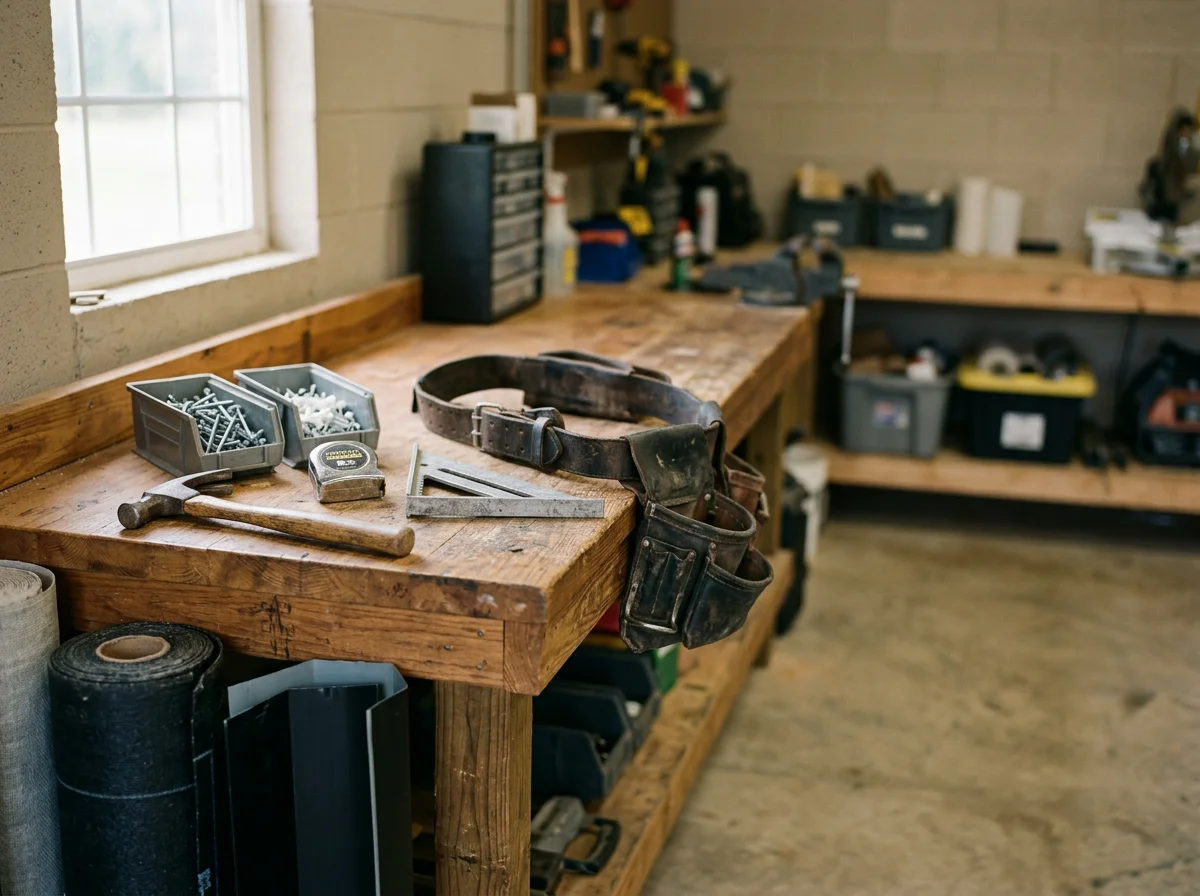 Professional contractor tools and equipment arranged on a work surface, representing the trades and craftsmanship of a general contracting business.