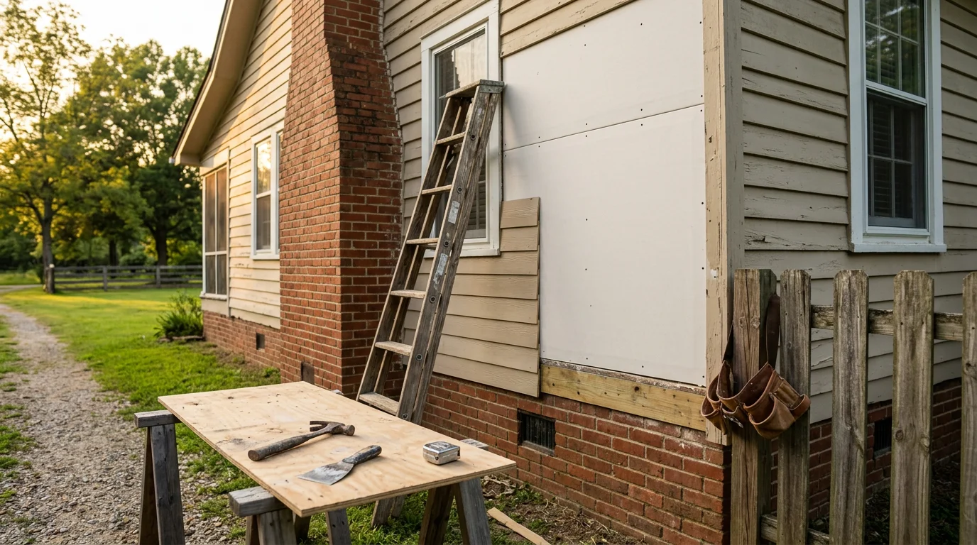 Handyman using tools to repair interior wall damage