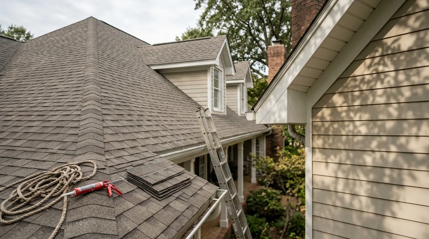 Professional roofer installing shingles on a residential roof