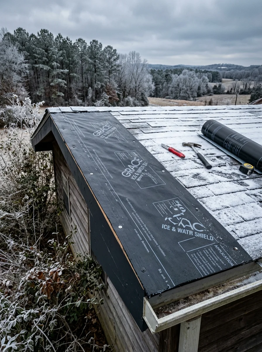 Roofer installing ice-and-water shield at the eave line of an Alcorn County, Mississippi home with winter frost visible on the surrounding landscape.