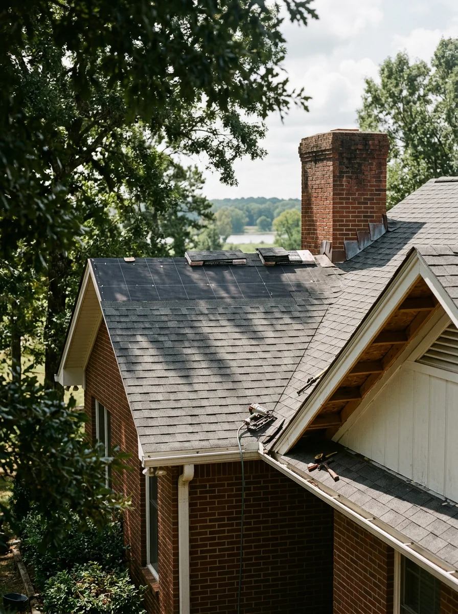 Roofer installing algae-resistant shingles on a Fulton, Mississippi home with the Tennessee-Tombigbee Waterway visible in the distance.