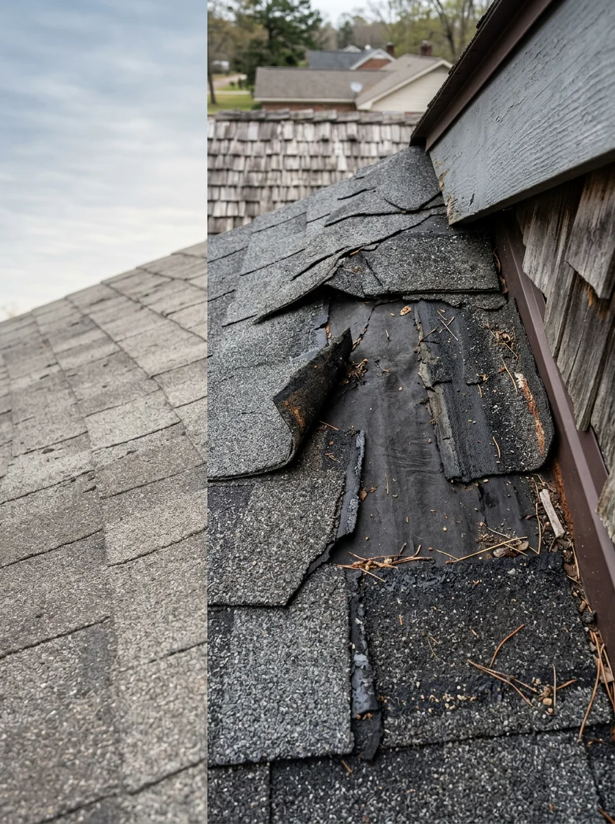 Close-up of a roofer inspecting storm-damaged shingles on a home in Lee County, Mississippi, with lifted tabs and exposed underlayment visible.