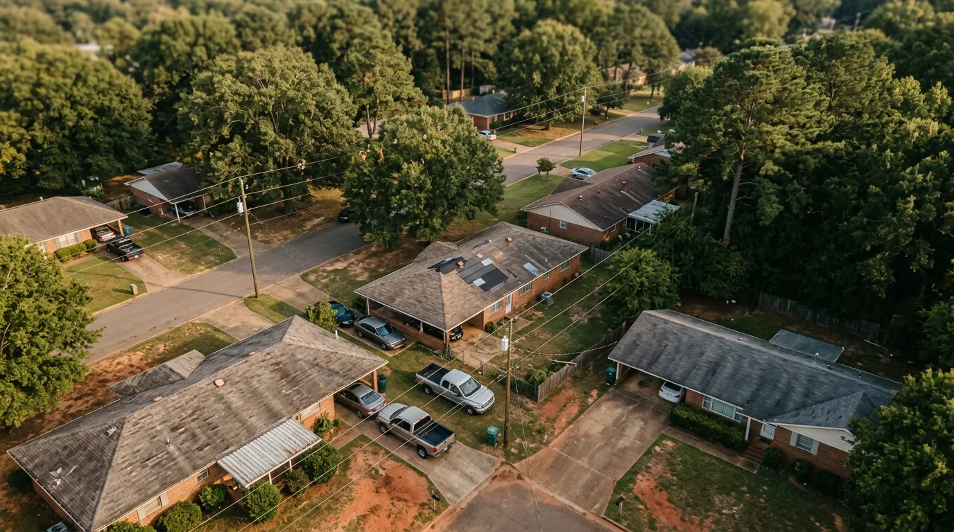 Aerial view of a residential neighborhood in Tupelo, Mississippi showing asphalt shingle rooftops on mid-century ranch homes with mature tree canopy.