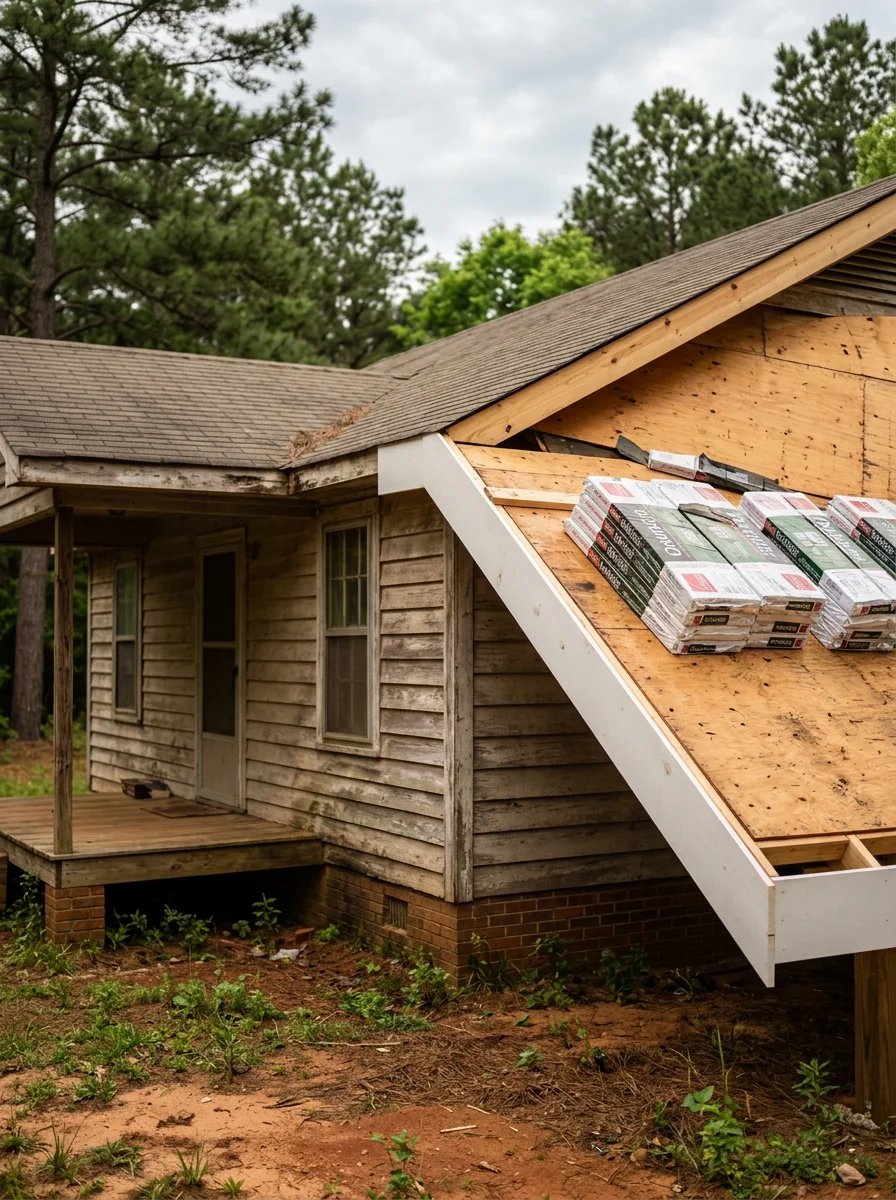 Roofer replacing fascia board on an older Lowndes County, Mississippi home with the roof deck exposed and new shingles staged on the slope.