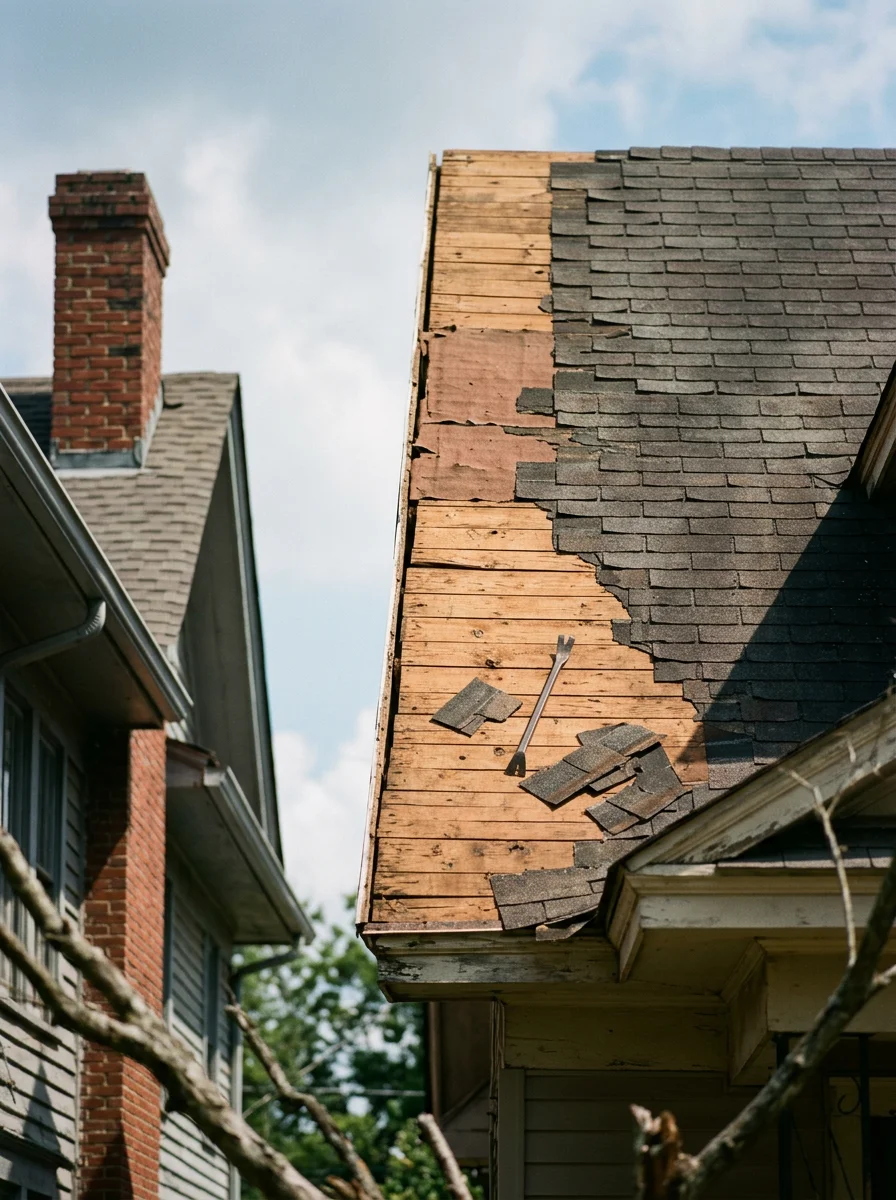Roofer on a steep-pitched roof in Aberdeen, Mississippi removing old three-tab shingles to expose the original wood decking beneath.