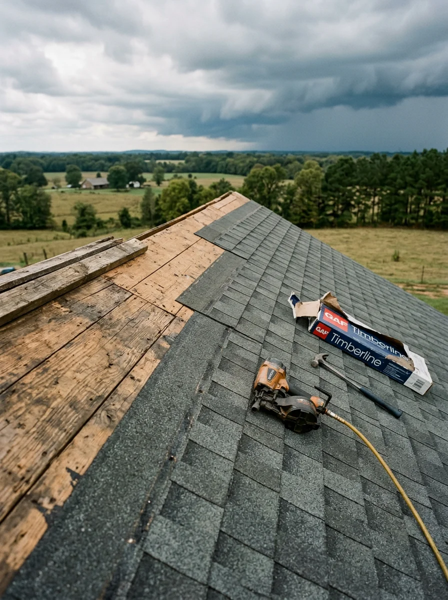 Roofer on a residential roof in northeast Mississippi installing architectural shingles with storm clouds visible on the horizon over open farmland.