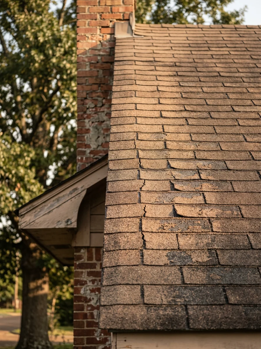 Roofer inspecting granule loss on an older home near downtown Pontotoc, Mississippi with cracked shingle tabs visible on the south-facing slope.