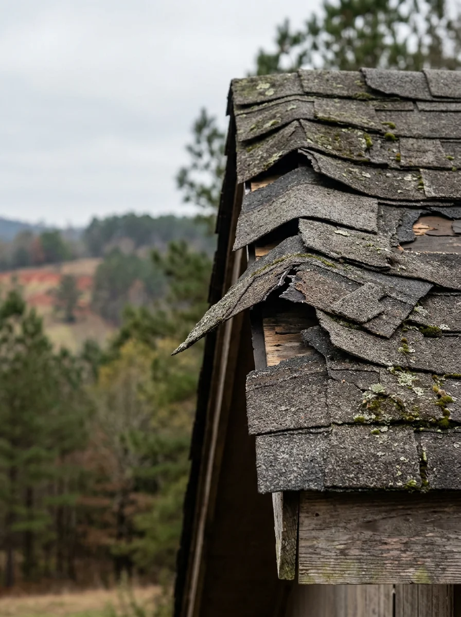 Close-up of wind-lifted ridge cap shingles on a Booneville, Mississippi home with the hilly North Mississippi landscape visible in the background.