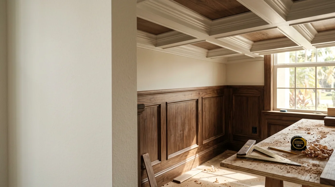 Custom wood built-in shelving and cabinetry installed in a residential living room in Lee County, Mississippi. The woodwork features clean joinery, painted panel faces, and floor-to-ceiling shelving fitted to the wall.