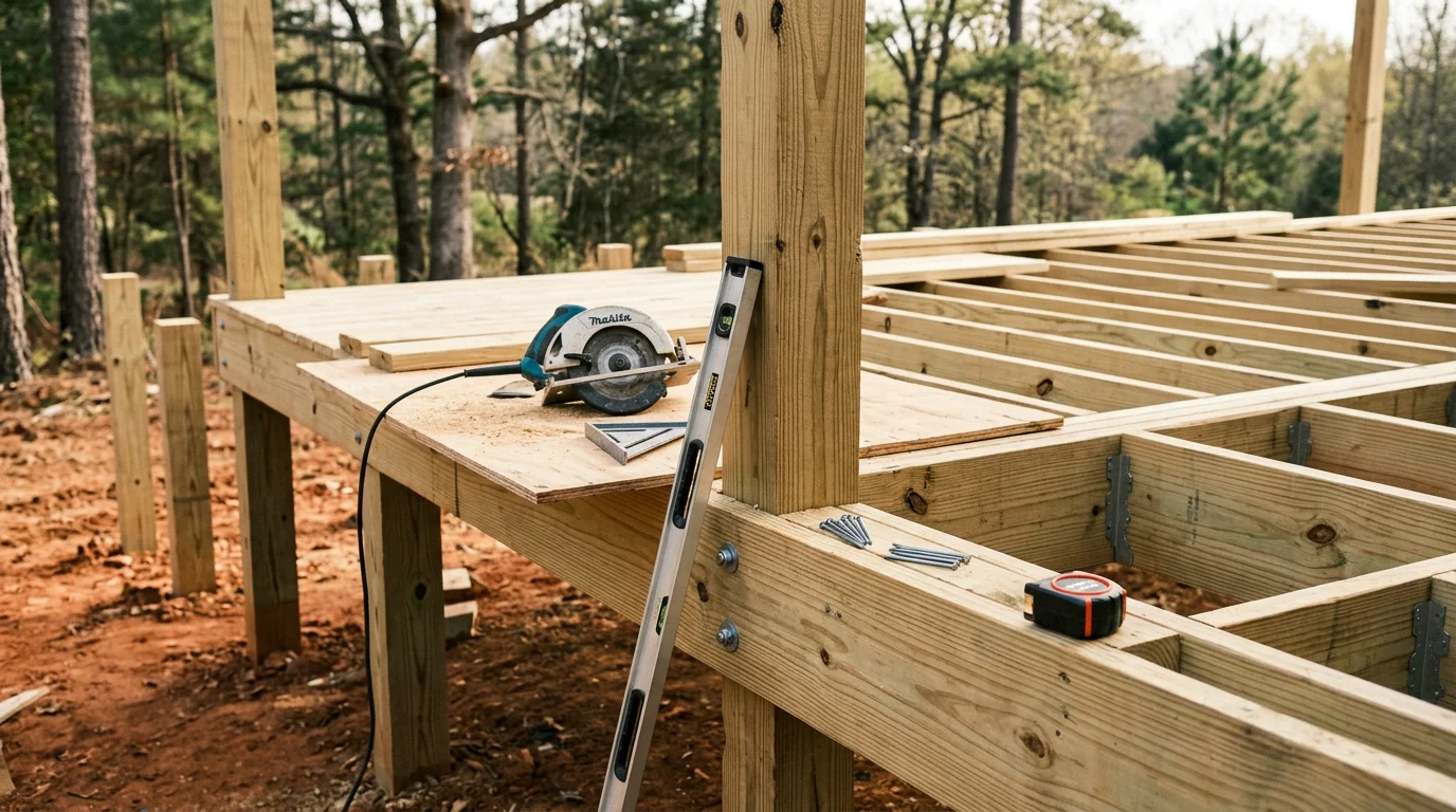 A newly built wood deck attached to a residential home in Lee County, Mississippi, with clean framing and railing work visible against a backyard setting. The structure reflects quality carpentry suited to the Northeast Mississippi climate.