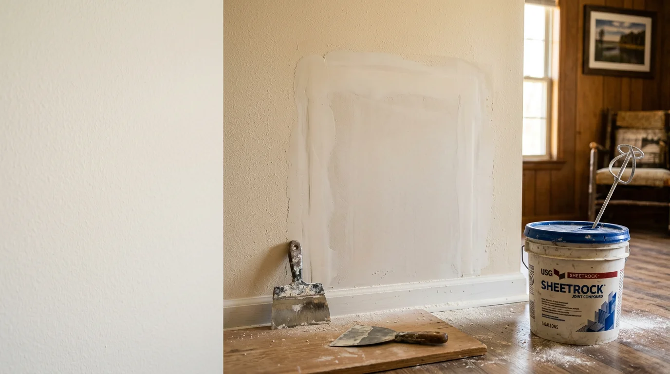 A freshly repaired and smoothed drywall patch on an interior wall of a residential home in Lee County, Mississippi. The surface is sanded flush and texture-matched, ready for paint.