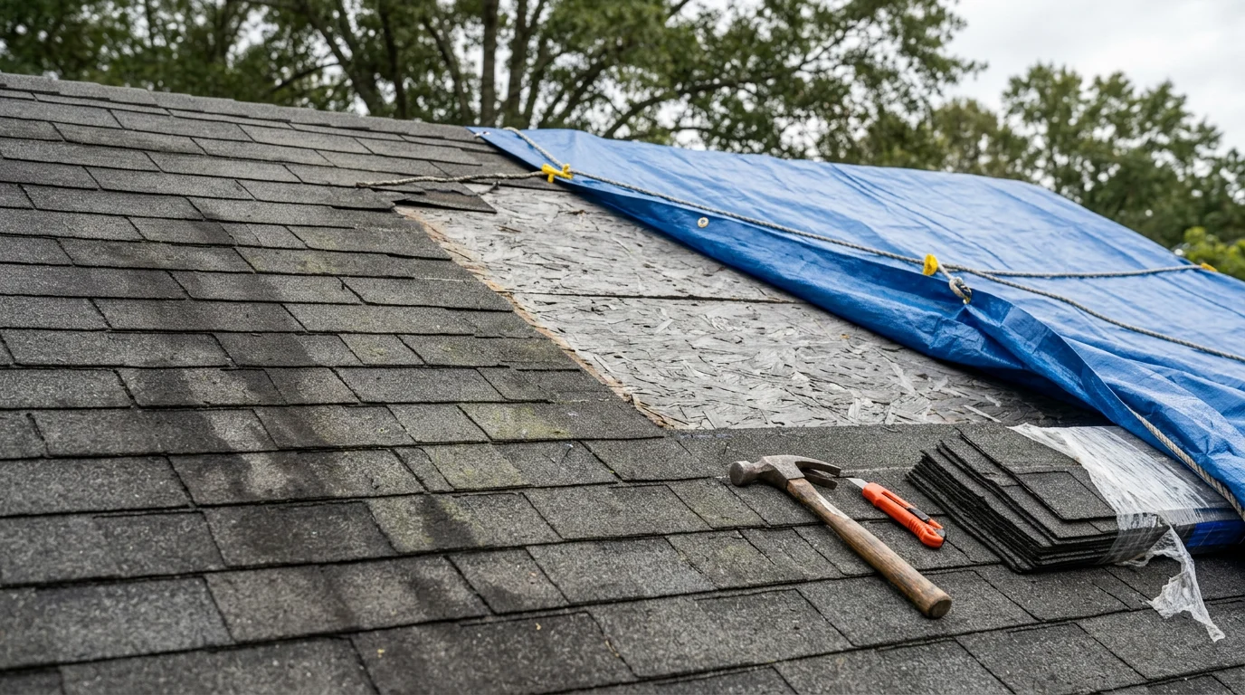 A storm-damaged residential roof in Lee County, Mississippi showing missing shingles and exposed decking after a severe weather event. A roofing professional from Graham Contractors assesses the damage from the roof surface.