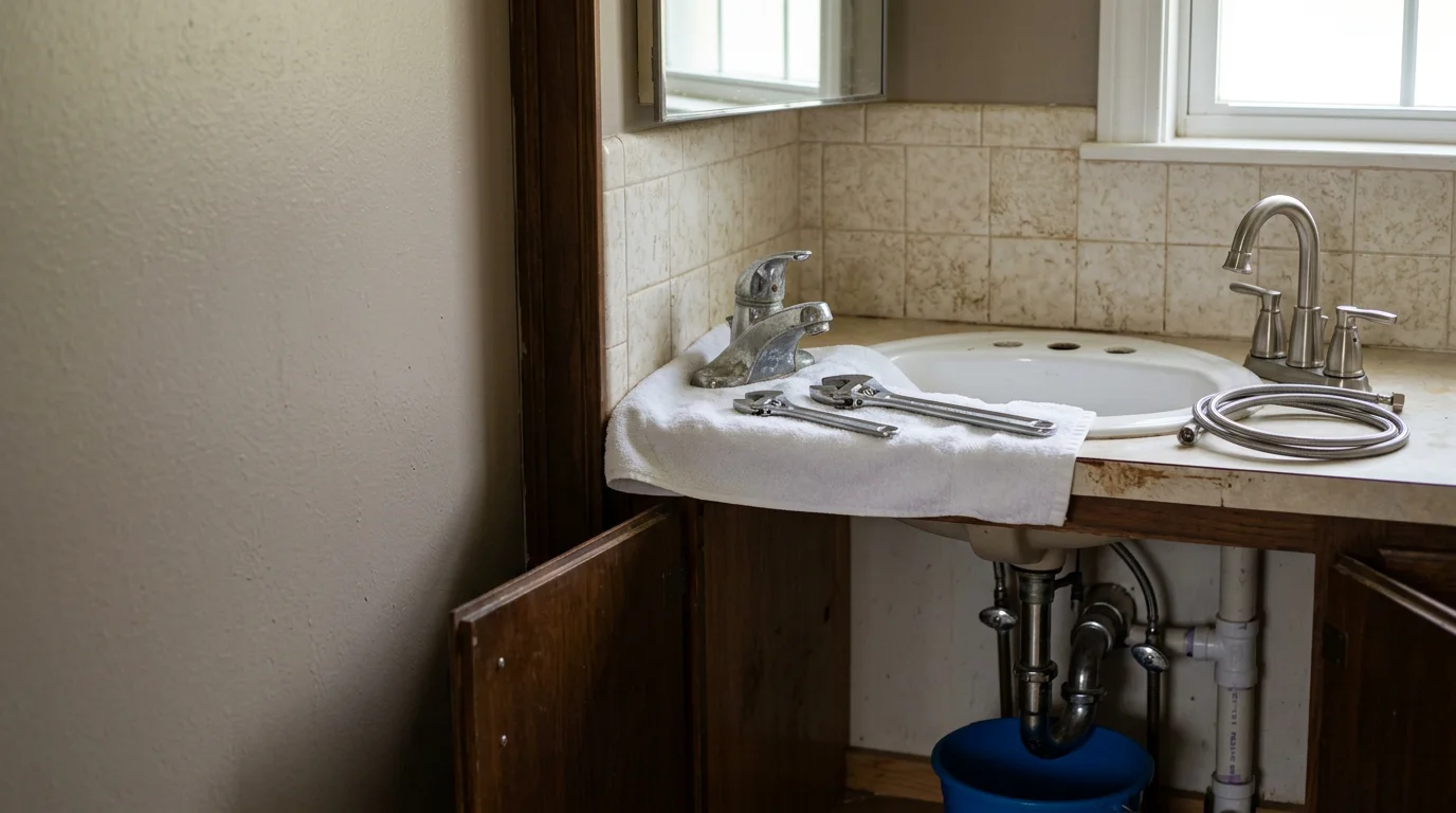 A handyman installing a new bathroom faucet fixture in a residential home in Lee County, Mississippi. The old fixture has been removed and the replacement is being fitted cleanly to the sink.