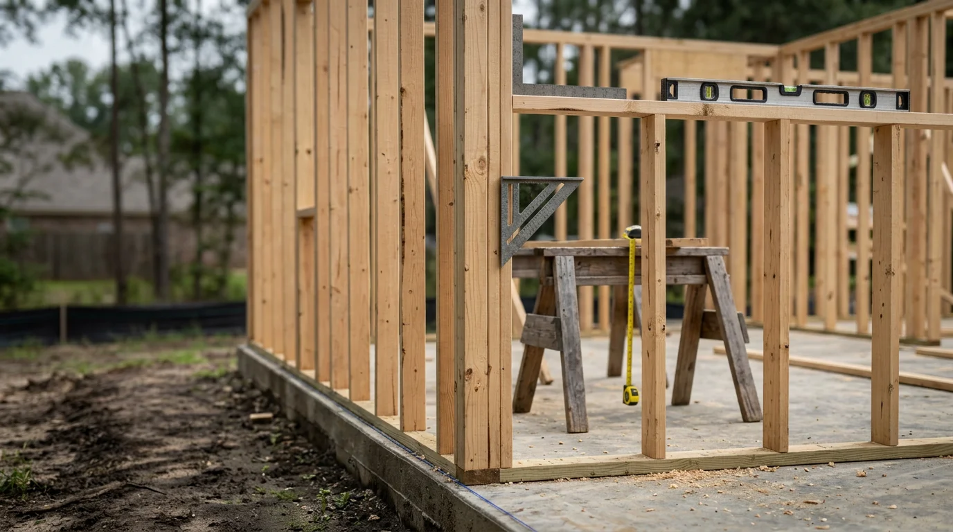 Exposed wood wall and roof framing on a residential new construction project in Lee County, Mississippi. Structural studs, headers, and rafters are visible before sheathing and interior trades begin.
