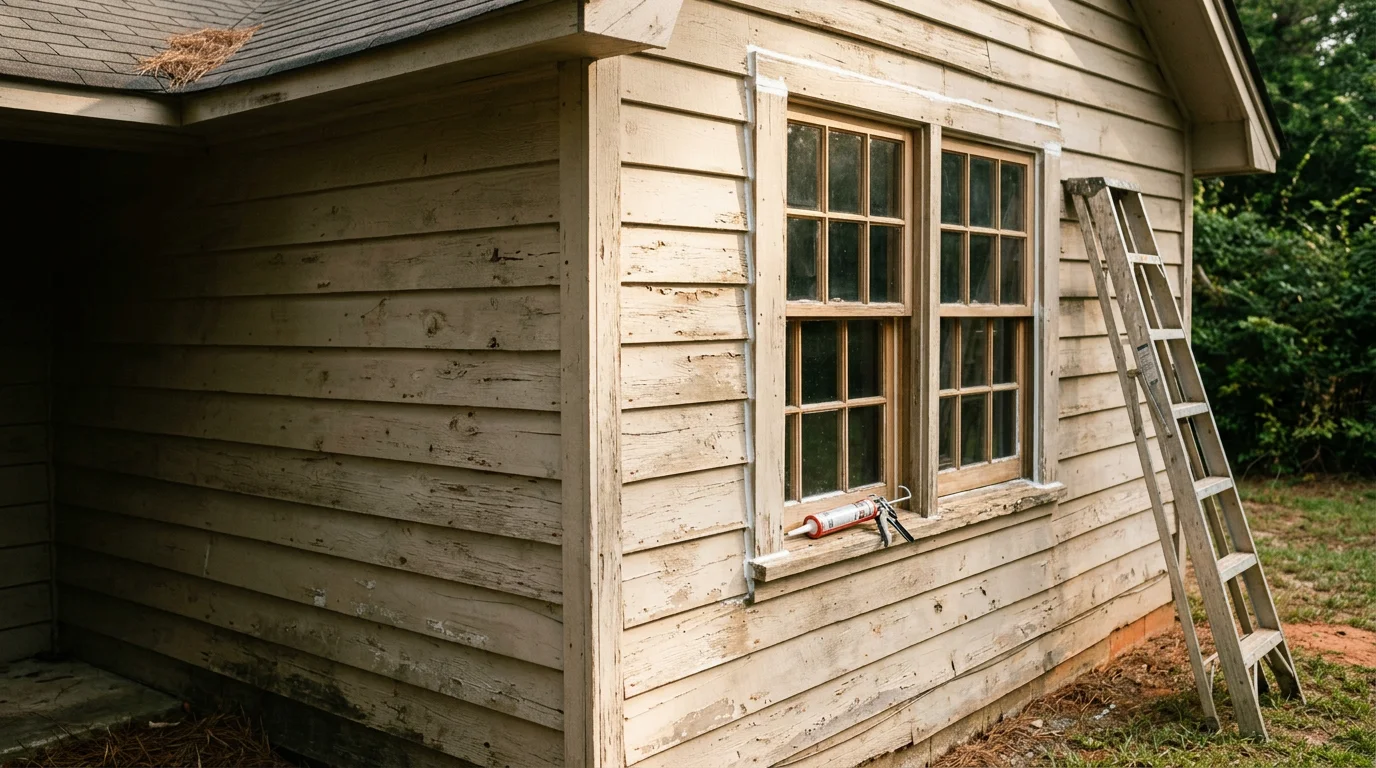 A professional contractor inspecting and repairing worn trim and a sticking door frame on a residential home in Lee County, Mississippi. The repair work shows clean, finished results on a typical single-family home in the Northeast Mississippi region.