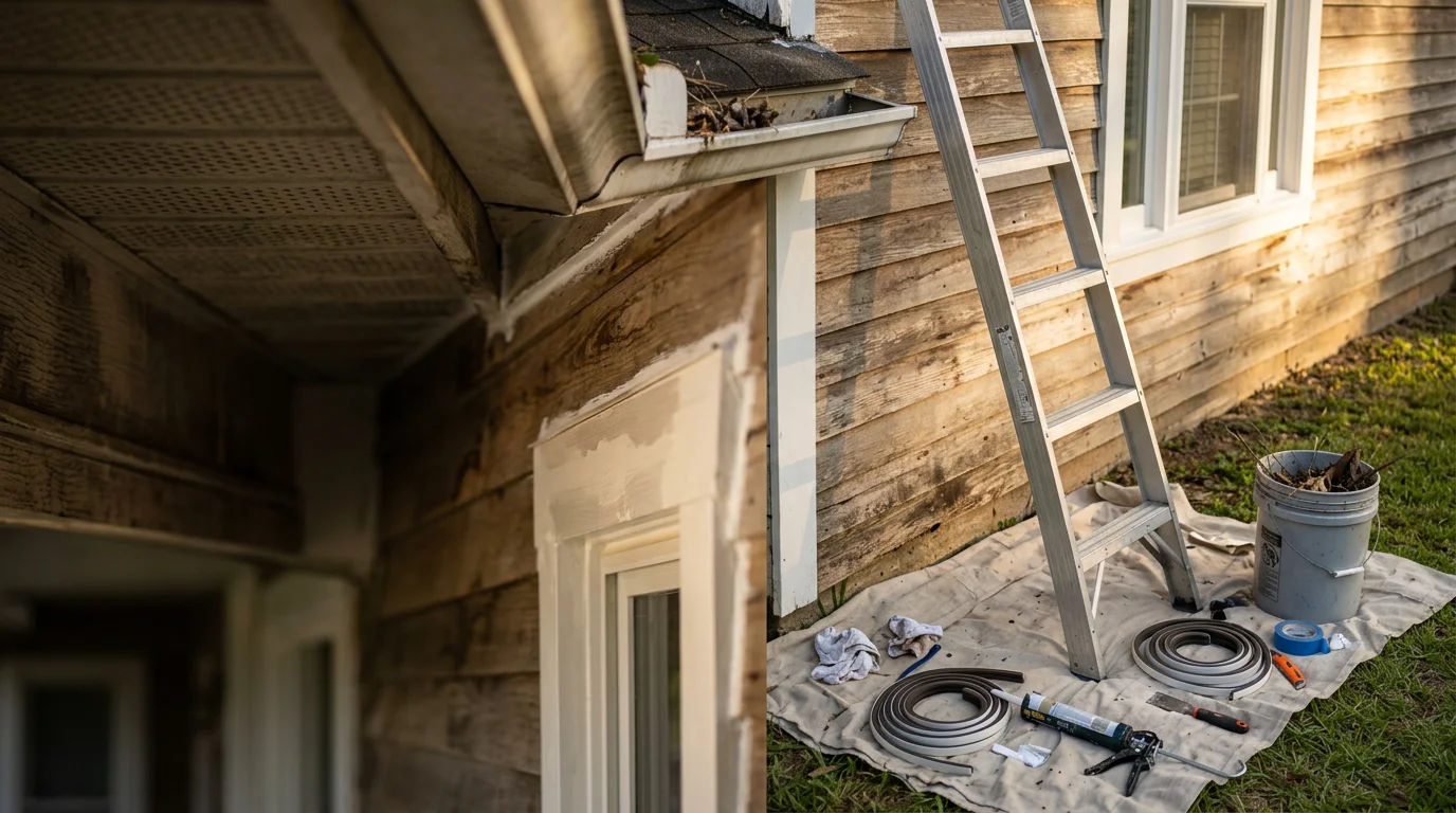 A Graham Contractors professional performing exterior home maintenance on a residential property in Lee County, Mississippi. The technician inspects and seals weatherstripping around a door frame on a sunny day.