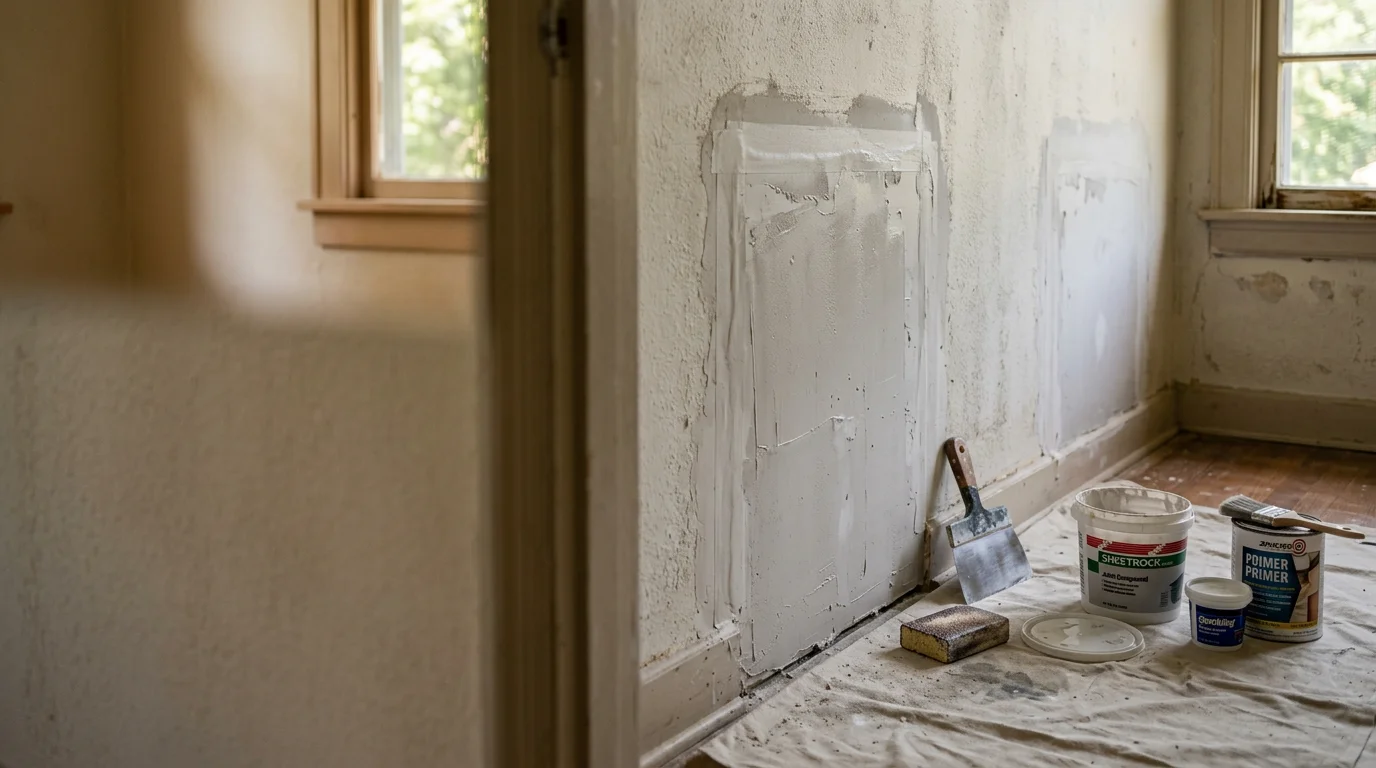 A freshly repaired interior wall in a Lee County home showing smooth, clean surfaces with restored trim and caulk lines. The finished repair blends seamlessly with the surrounding wall, reflecting professional handyman work in Northeast Mississippi.