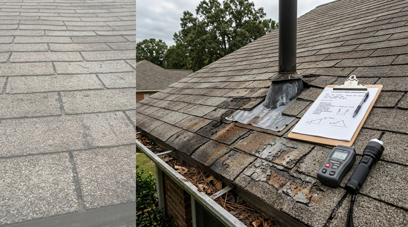 A roofing professional from Graham Contractors inspecting the shingles and flashing on a residential roof in Lee County, Mississippi. Close-up view showing a hands-on condition check of ridge lines and roof penetrations on a single-family home.