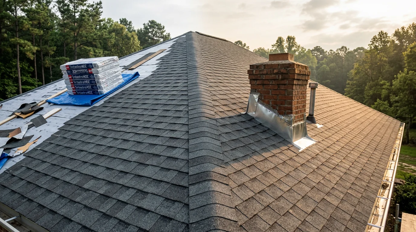 A newly installed residential roof on a home in Lee County, Mississippi, showing clean roofing lines, finished ridge, and properly set flashing around roof penetrations. The surrounding landscape reflects the rural and suburban character of Northeast Mississippi.