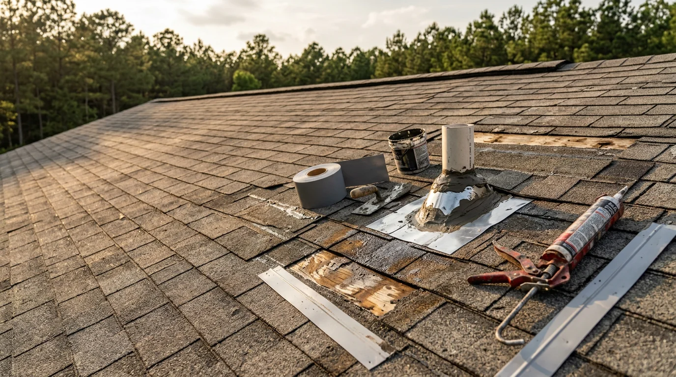 A roofing professional repairing damaged shingles and flashing on a residential home in Lee County, Mississippi. Close-up view of storm-worn roof sections being restored on a sunny day in Northeast Mississippi.