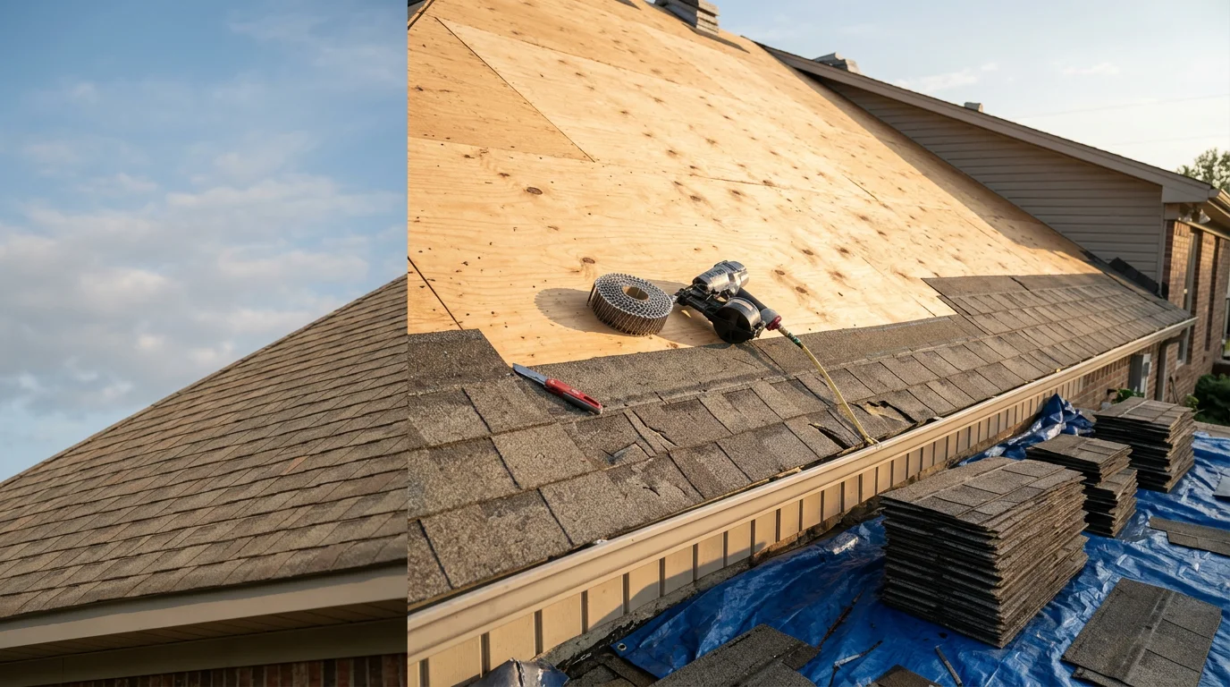 A completed residential roof replacement on a single-family home in Lee County, Mississippi, showing new roofing installed across the full surface including ridge and edges. The surrounding landscape reflects the rural and suburban character of Northeast Mississippi.