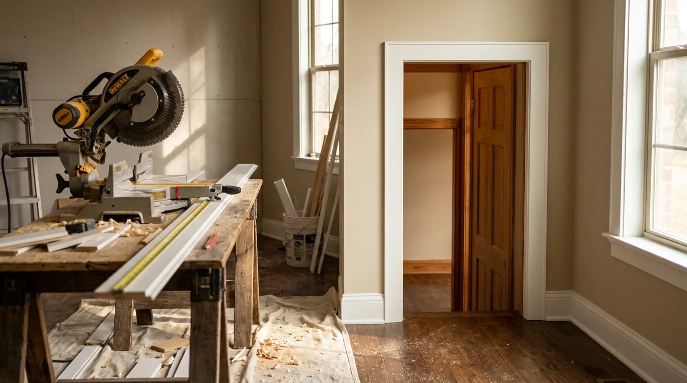 A freshly installed white crown molding and baseboard trim in a residential room in Lee County, Mississippi, showing clean corner joints and consistent reveal spacing along painted walls.